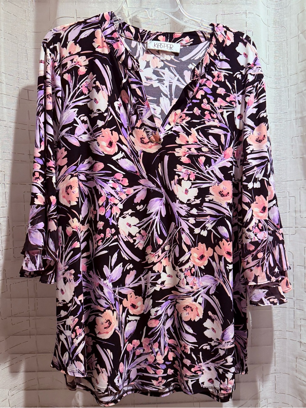 Kasper Black Floral V-Neck Tunic Top - Pink & Lavender